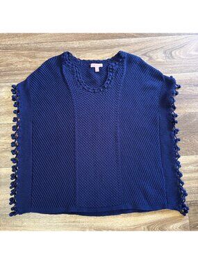 Lilly Pulitzer Blue Knit Poncho With Pom-Pom Edges Womens Small 100% Cotton
